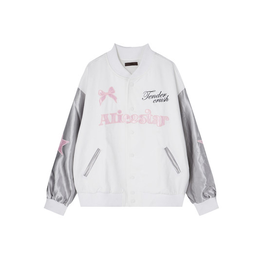 DUSK American butterfly embroidered baseball jacket women's spring, autumn and winter sweet and cool Korean style jacket contrast color top trendy