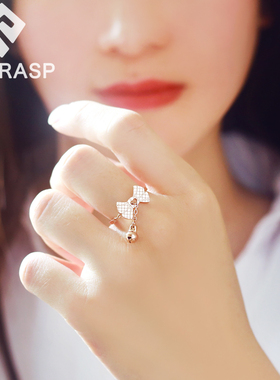 独特蝴蝶结铃铛钛钢女戒指巨好看