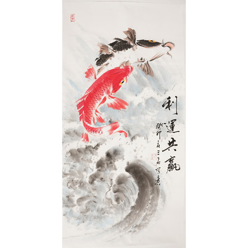 三尺国画鱼玄关水墨画手工字画纯手绘九鲤如意九鱼图邵磊画00254 - 图2
