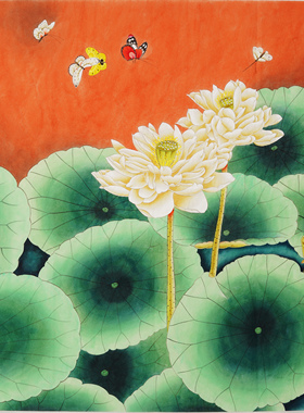 荷花纯手绘四尺斗方客厅远图国画
