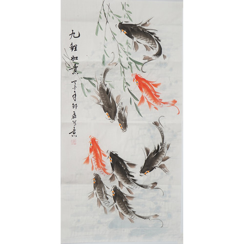 三尺国画鱼玄关水墨画手工字画纯手绘九鲤如意九鱼图邵磊画00254 - 图0