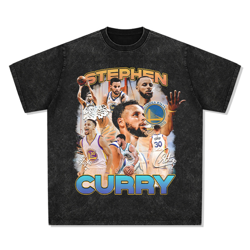 Stephen Curry库里短袖做旧nba美式球星印花T恤篮球衣纯棉投篮服 - 图2