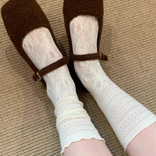 白色镂空蕾丝堆堆袜子女芭蕾风夏季薄款中筒花边JK长袜配玛丽珍鞋 - 图2