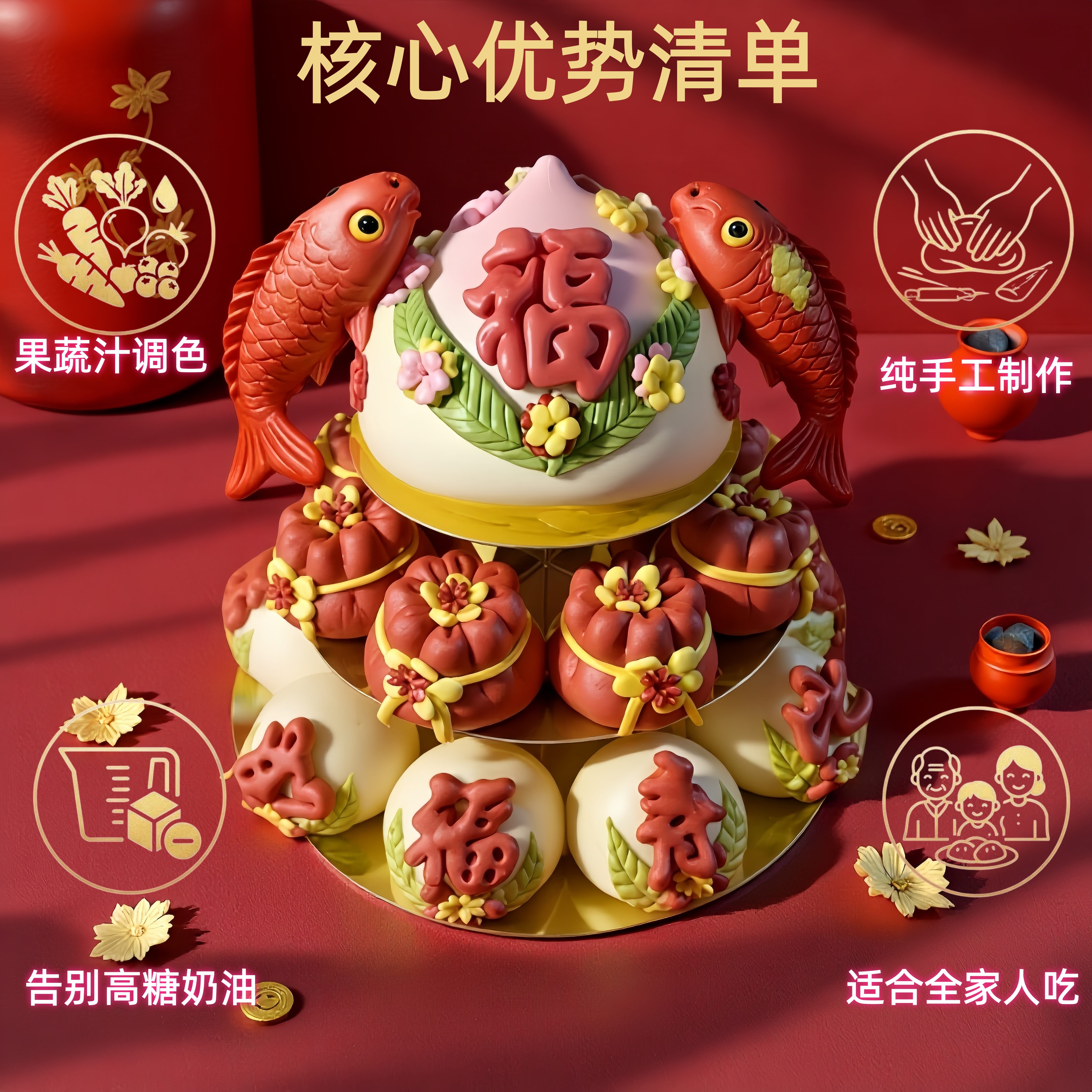 寿桃馒头老人生日蛋糕祝寿手工花馍花饽饽过寿宴胶东多层寿塔摆台