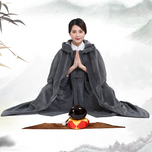 圆弘双层毛绒加厚款居士服僧服冬季打坐服马甲打坐披风禅修斗篷男 - 图1