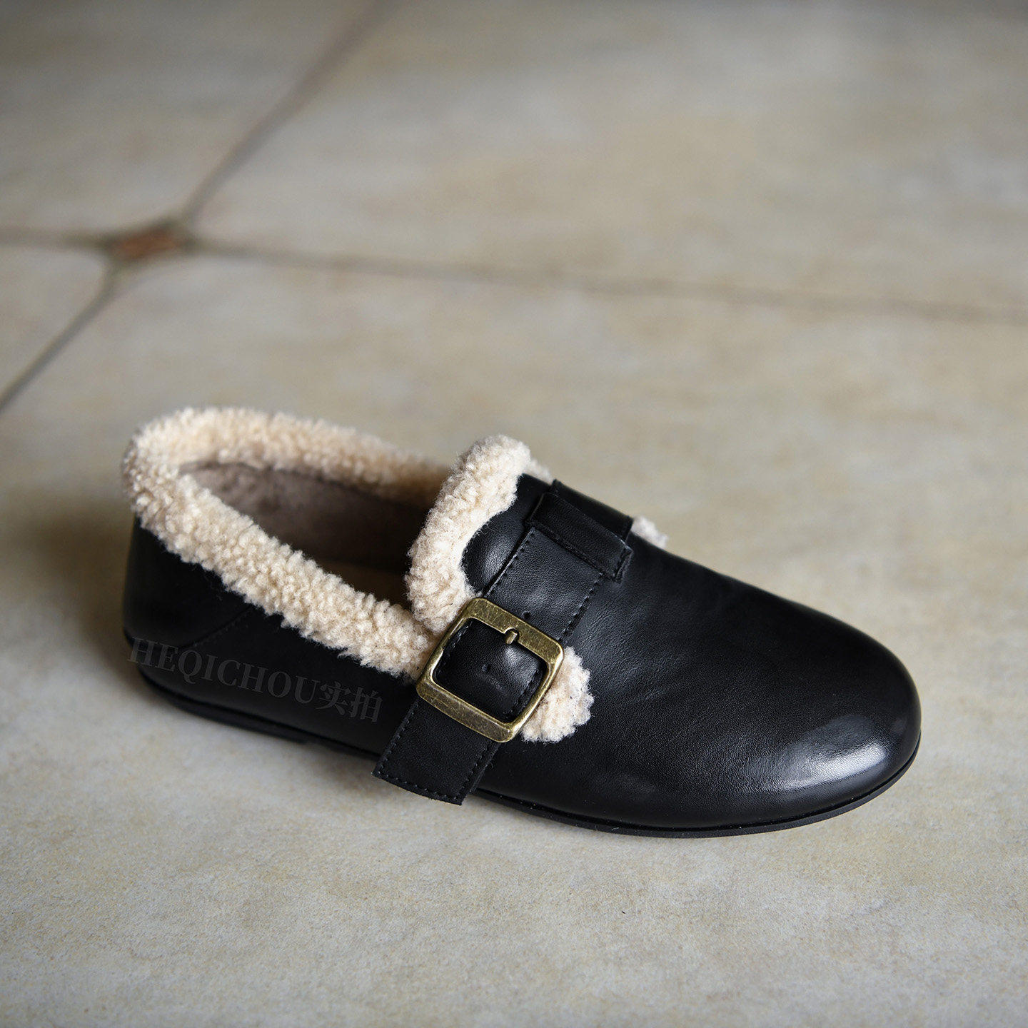 何其丑软牛皮黑色全包勃肯鞋女保暖加绒单鞋女平底鞋圆头女鞋秋冬,淘宝优惠券,粉丝福利购,淘宝优惠卷