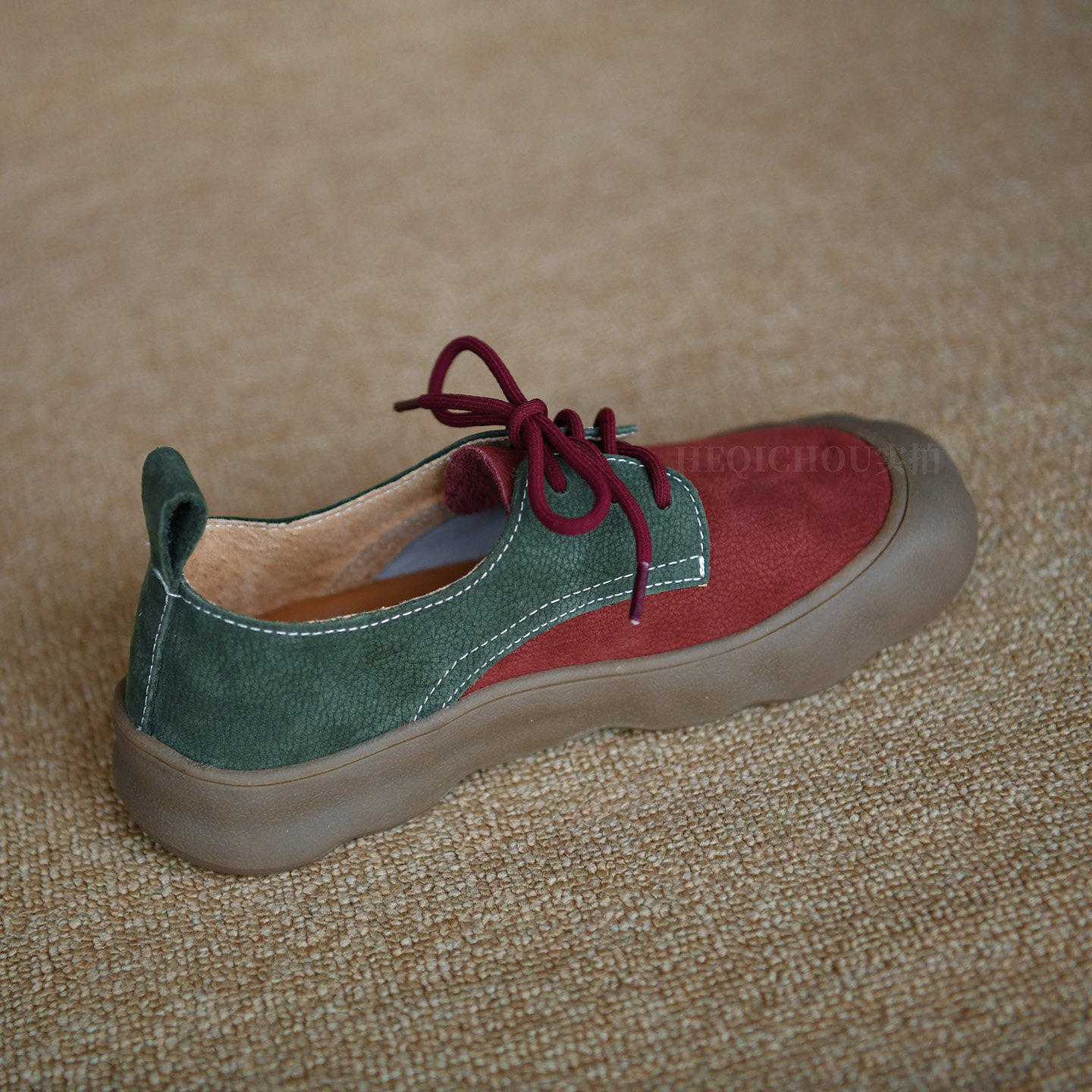 何其丑牛皮复古圆头撞色系带勃肯鞋女新款真皮舒适休闲鞋平底女鞋,淘宝优惠券,粉丝福利购,淘宝优惠卷