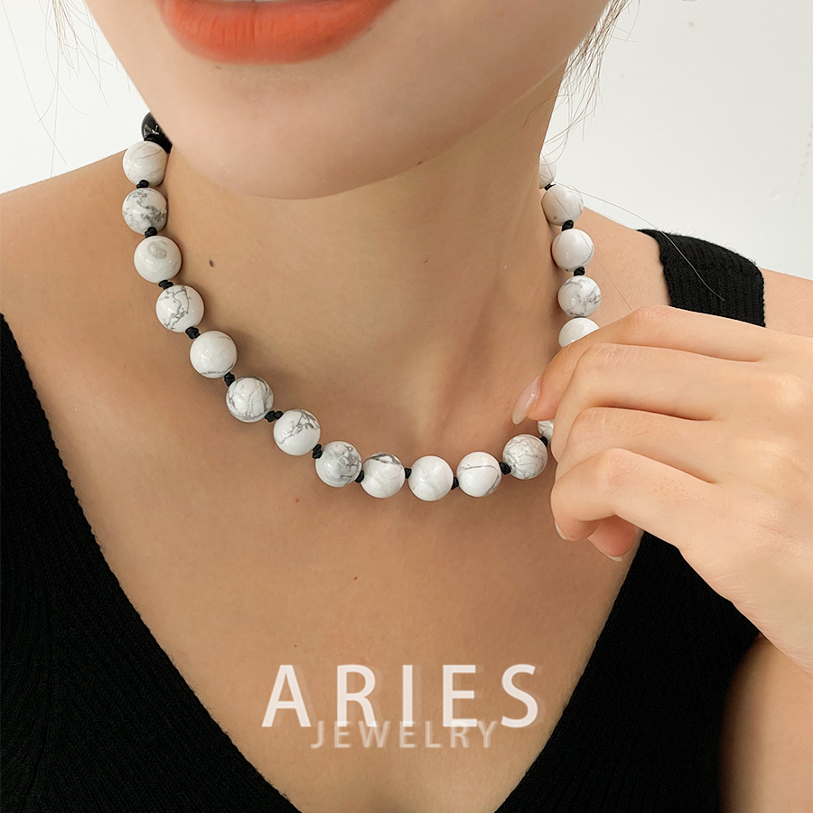 Aries 925纯银黑玛瑙白松石串珠项链小众设计轻奢高级感女锁骨链 - 图0