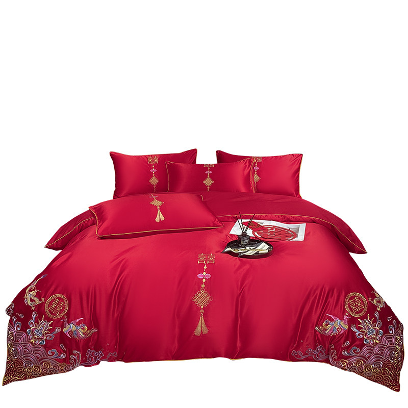高档婚庆水洗棉四件套结婚大红色龙凤刺绣被套喜被婚嫁房床上用品,淘宝优惠券,粉丝福利购,淘宝优惠卷
