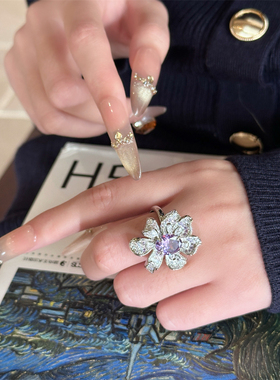 欧美紫色大花宝石锆石个性食指戒