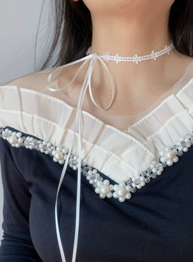 甜美少女心白色蕾丝花朵choker无扣系带蝴蝶结颈带锁骨链项圈颈链