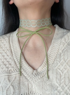 超仙绿色蕾丝choker少女蝴蝶结锁骨项链短款双层颈链镂空颈带项圈