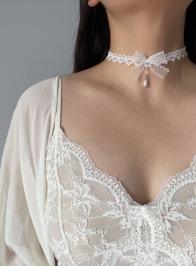 白色蕾丝choker颈链心形边蝴蝶结珍珠吊坠罗曼蒂克Lolita风锁骨链