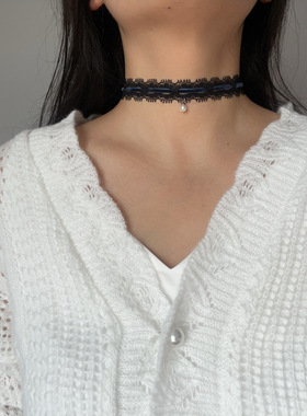 项链女小众设计感锁骨链ins酷网红短款脖子饰品颈带蕾丝绒颈脖链