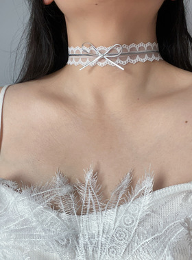 超仙设计感纯欲银色choker颈链蕾丝蝴蝶结项圈短款锁骨链双层颈链