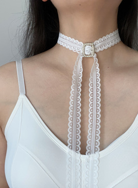 叠戴层次设计感蕾丝飘带项链韩国ins风百搭锁骨链女白色长条丝巾