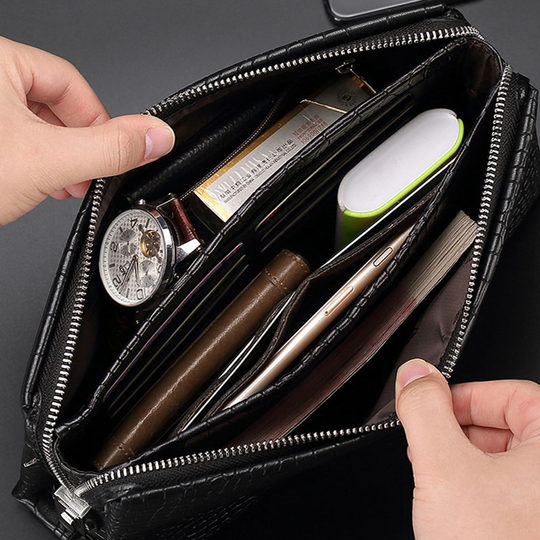 指纹解锁手拿包男头层牛皮手抓包时尚真皮手包大容量商务休闲夹包