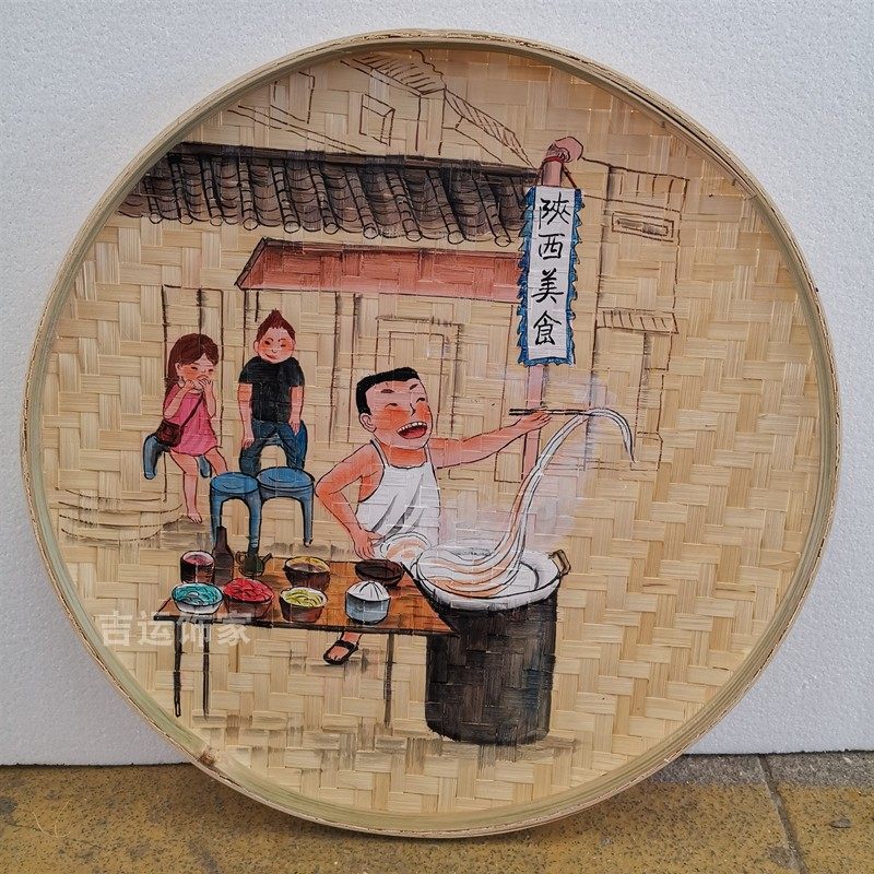 手绘画圆簸箕画竹编工艺田园风格农耕文化竹筐画乡村振兴挂画装饰_虎窝淘