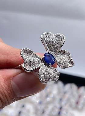 天然蓝宝石戒指s925纯银镶嵌活口女款蝴蝶夸张大气款宝石珠宝彩宝