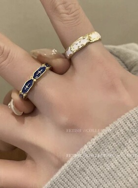 复古珐琅滴油花纹戒指女ins小众设计蓝色食指戒时尚个性百搭指环