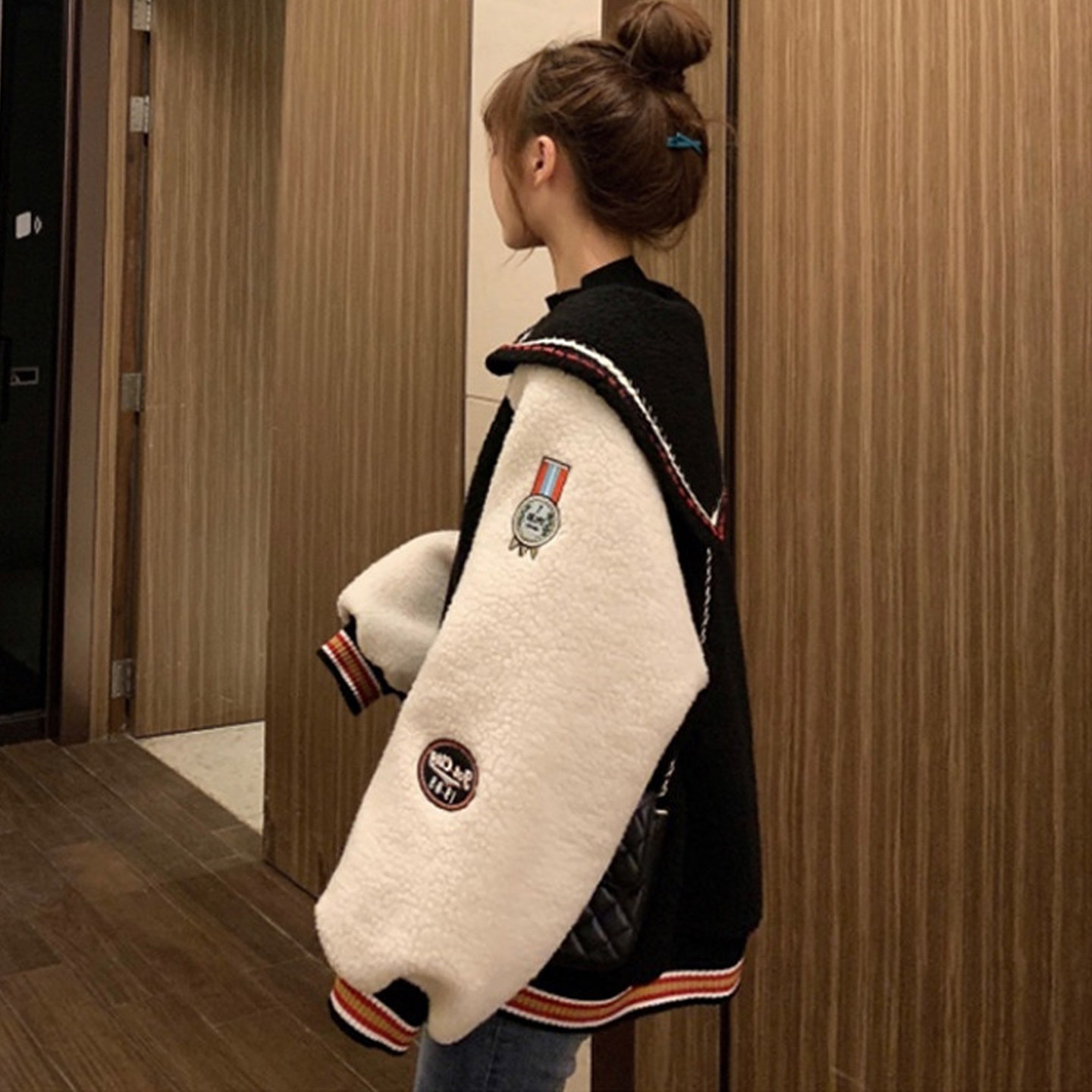 大码女装2025冬季网红新款胖mm洋气显瘦学院风海军撞色羊羔毛外套,淘宝优惠券,粉丝福利购,淘宝优惠卷