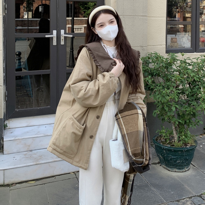 大码女装2025冬季新款胖mm韩版木耳边娃娃领拼接宽松棉衣棉服外套 - 图1