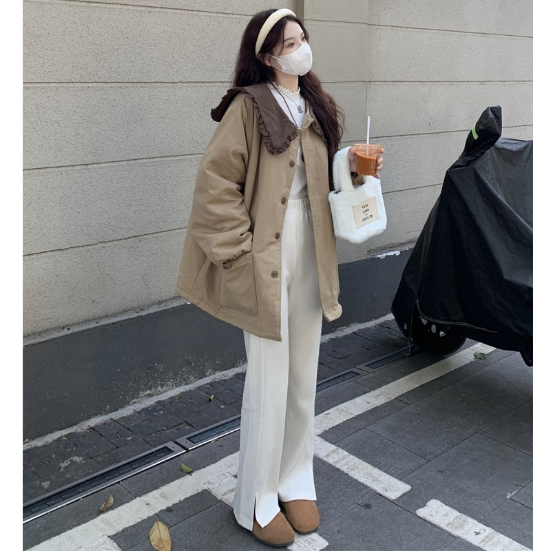 大码女装2025冬季新款胖mm韩版木耳边娃娃领拼接宽松棉衣棉服外套 - 图2