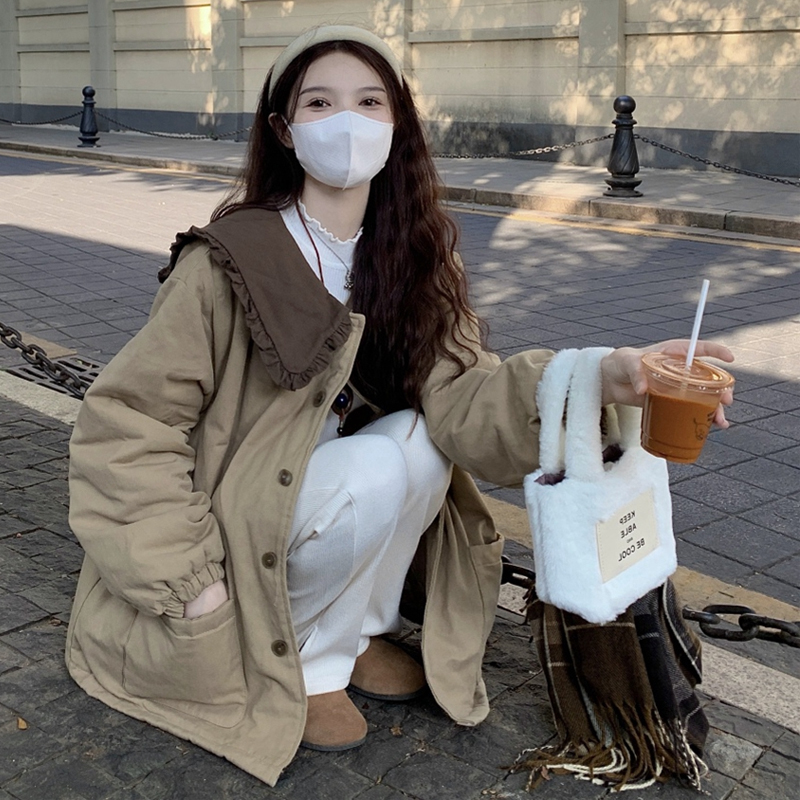 大码女装2025冬季新款胖mm韩版木耳边娃娃领拼接宽松棉衣棉服外套 - 图0