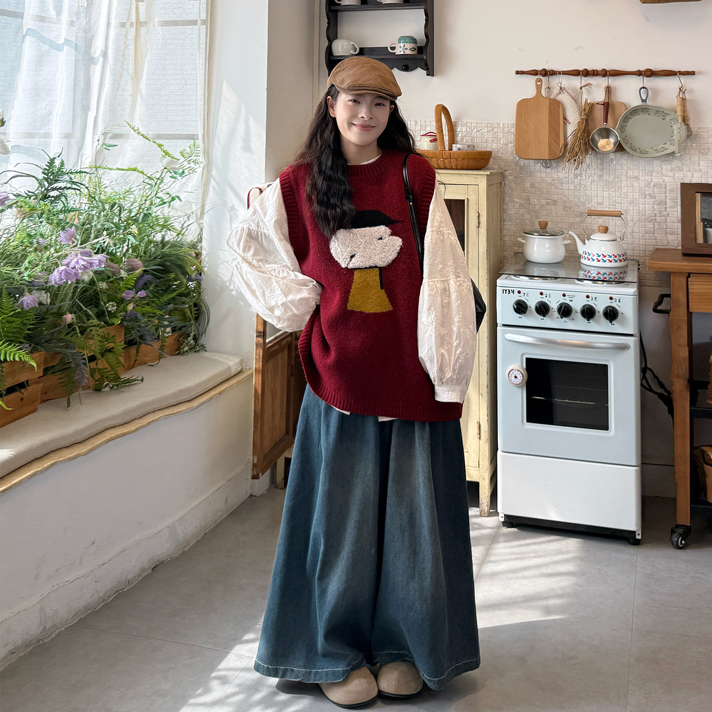 大码女装韩系卡通小狗针织马甲春季宽松叠穿长袖衬衣牛仔裤三件套,淘宝优惠券,粉丝福利购,淘宝优惠卷