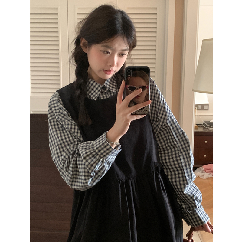 大码女装2025早秋胖mm复古格子衬衫+宽松中长背心连衣裙显瘦套装 - 图3