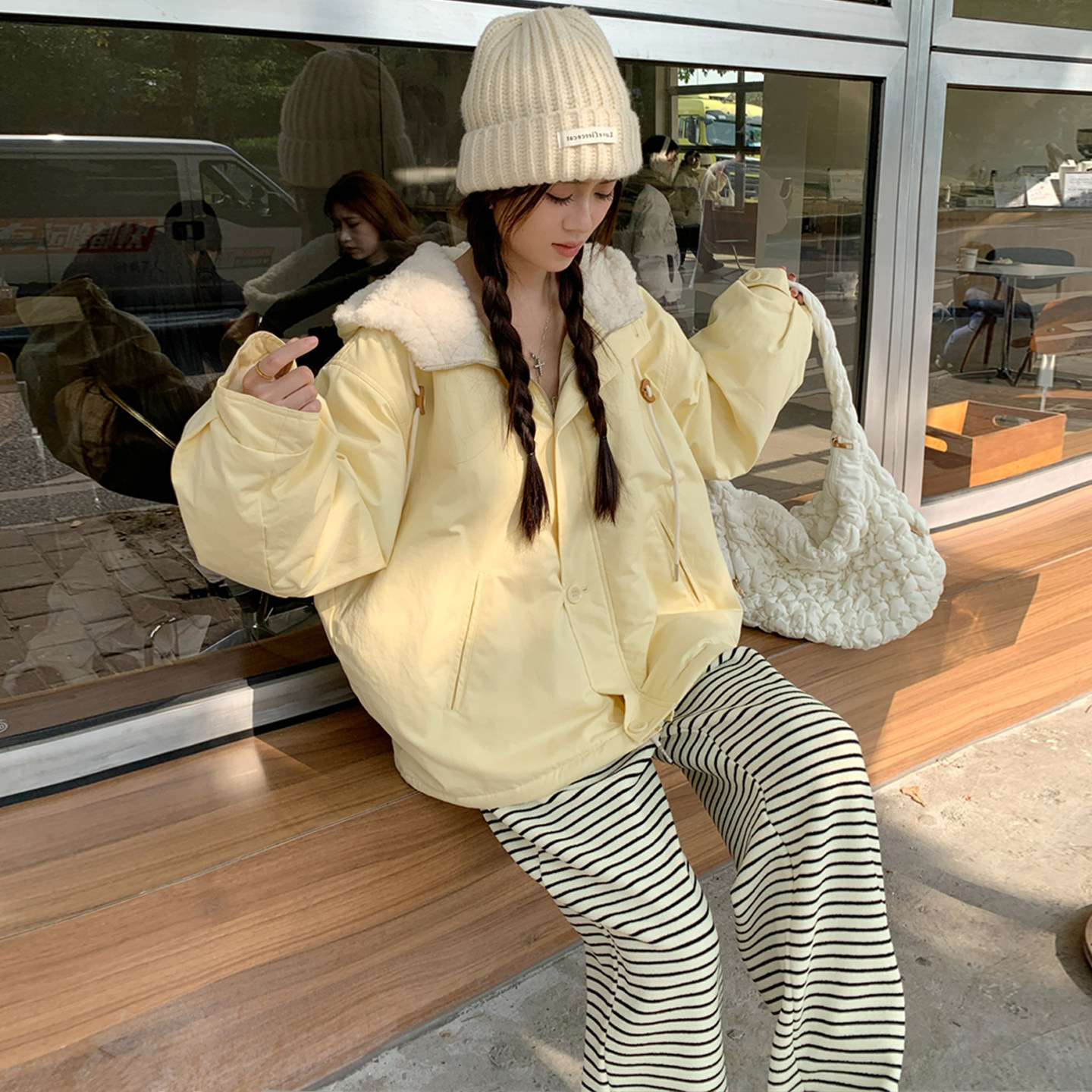 大码女装2025胖mm韩版宽松奶黄羊羔毛棉服外套+加绒条纹裤子套装,淘宝优惠券,粉丝福利购,淘宝优惠卷