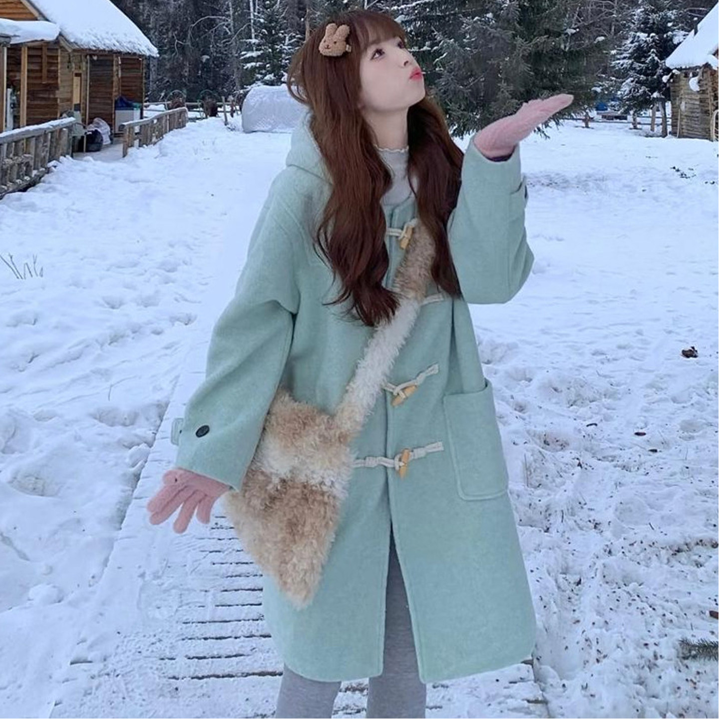 大码女装2025冬季新款胖mm复古牛角扣减龄薄荷绿夹棉毛呢外套大衣,淘宝优惠券,粉丝福利购,淘宝优惠卷