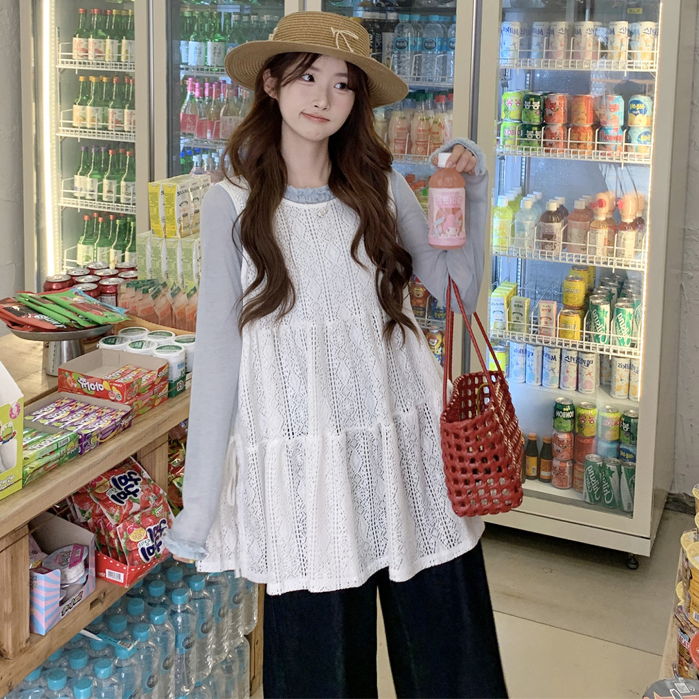 大码女装2026早春胖mm韩版蓝色打底衫+设计感蕾丝绑带背心两件套,淘宝优惠券,粉丝福利购,淘宝优惠卷