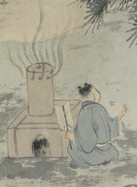 明唐寅燒藥圖台北故宫藏一比一复制宣纸画心客厅仿古山水人物装饰