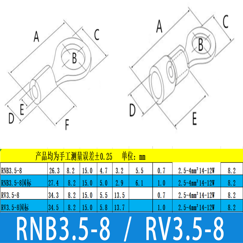 RNB/RV3.5-8冷压端子预绝缘黄铜国标紫铜太阳端OT圆端接线连接器 - 图1