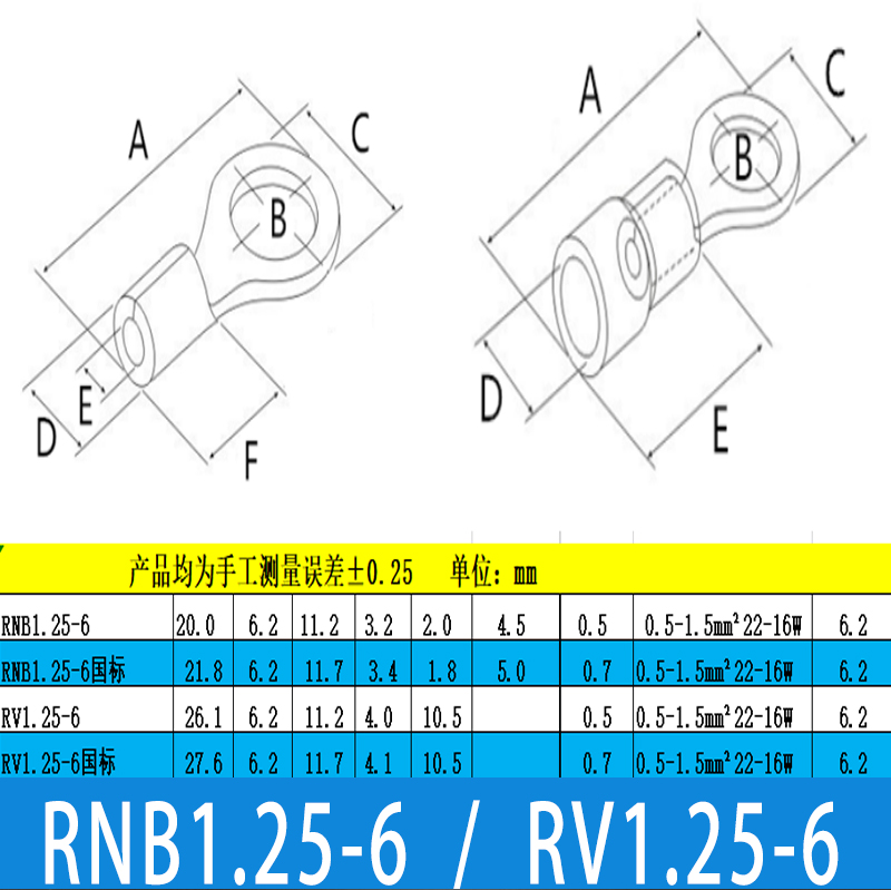 RNB/RV1.25-6冷压接线端子国标紫铜/黄铜圆端PVC绝缘套OT端子圆环 - 图0