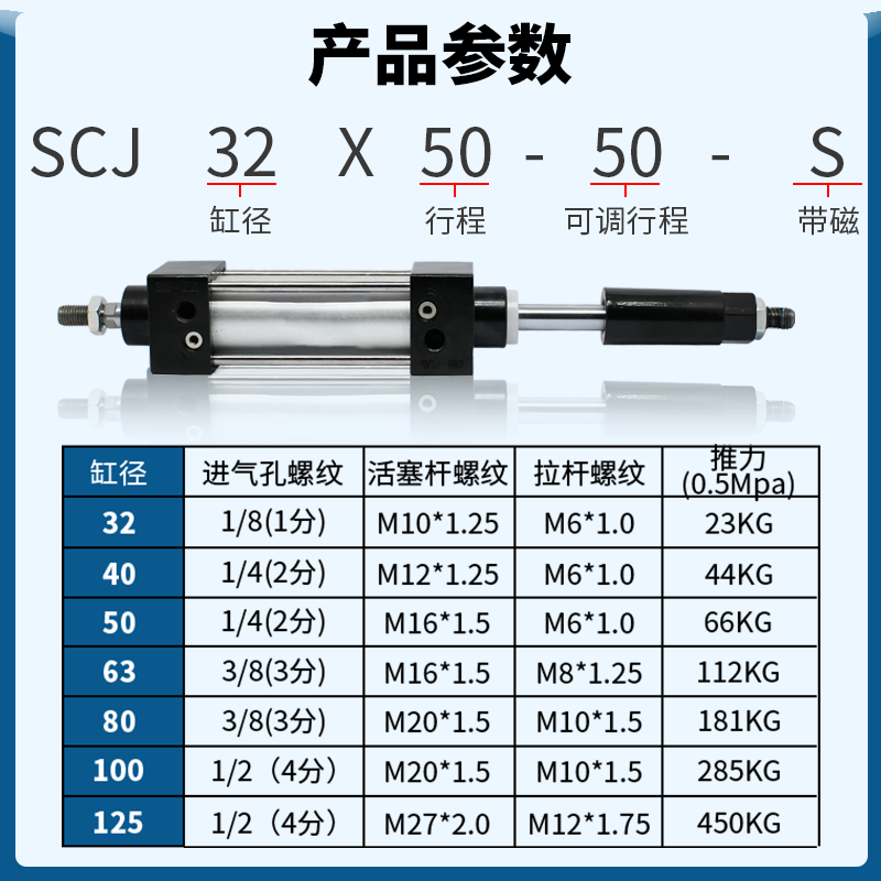 SCJ气动气缸行程可调SCJ32-40-50-63-80-100-125-/25-50-75...300