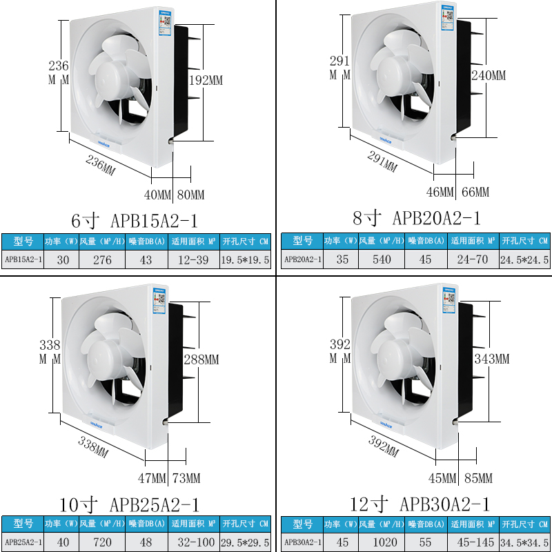 正野百叶换气扇6/8/10/12寸卫生间静音挂壁排风扇厨房墙式抽风机-图2
