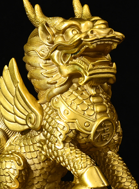 黄铜财福麒麟摆件一对铜家用家居财富麒麟踩八卦麒麟办公室客装饰