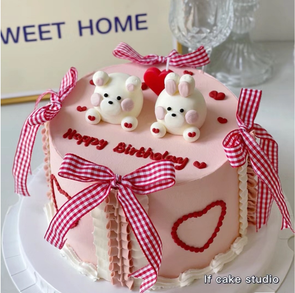 情人节蛋糕装饰复古love奶油小熊摆件爱心蜡烛红白格子蝴蝶结插件