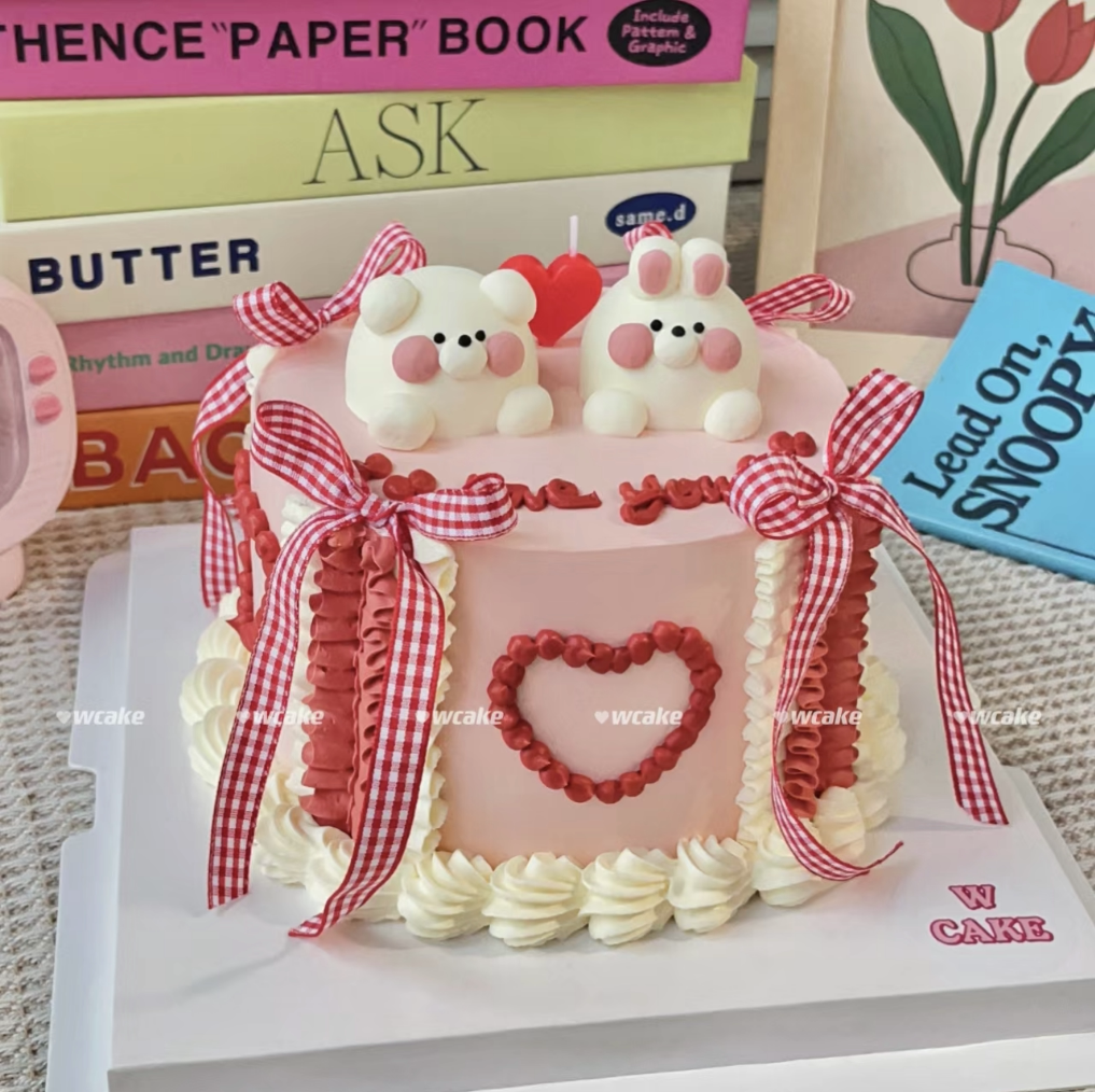 情人节蛋糕装饰复古love奶油小熊摆件爱心蜡烛红白格子蝴蝶结插件