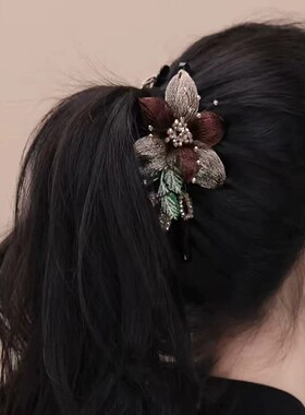 韩系轻奢铜丝花朵水晶大号鲨鱼夹