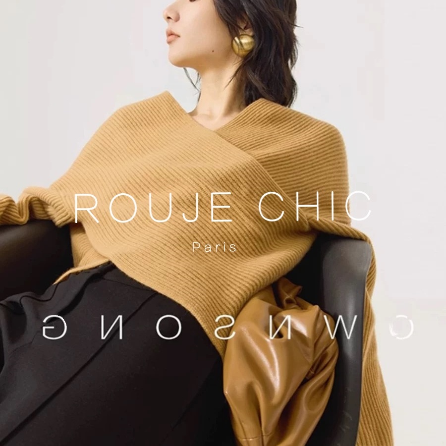 ROUJE CHIC法式高级感安可拉红交叉V领毛衣女秋冬季灯笼袖针织衫 - 图1