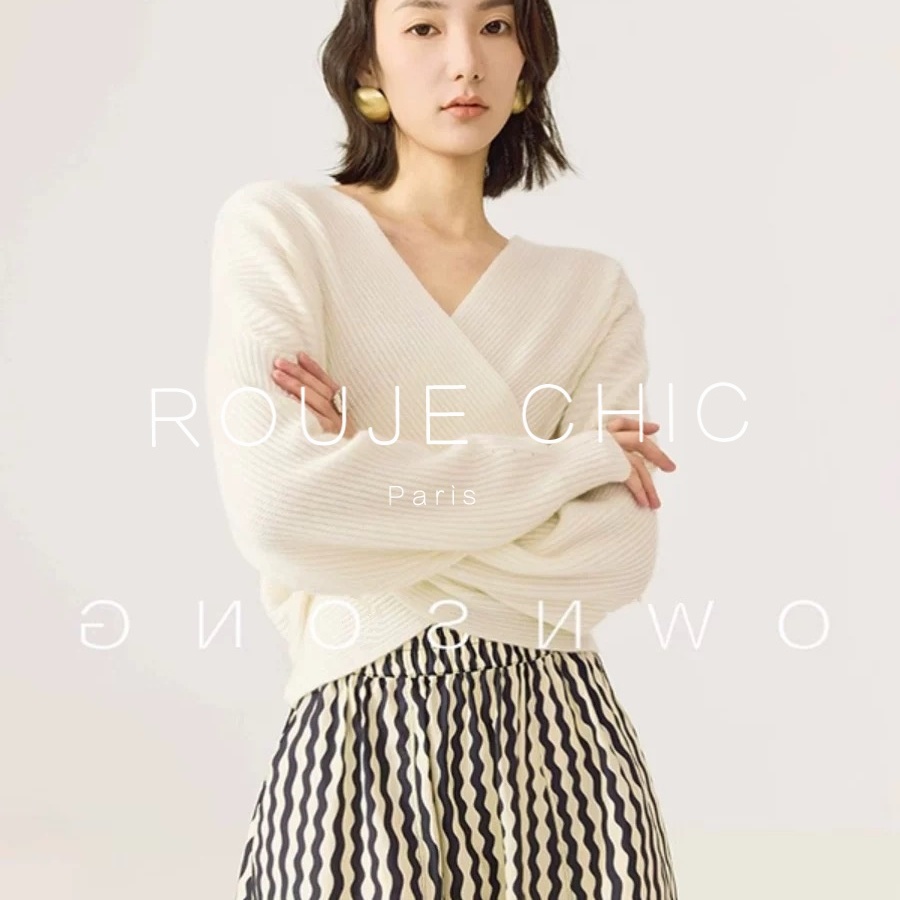 ROUJE CHIC法式高级感安可拉红交叉V领毛衣女秋冬季灯笼袖针织衫 - 图0