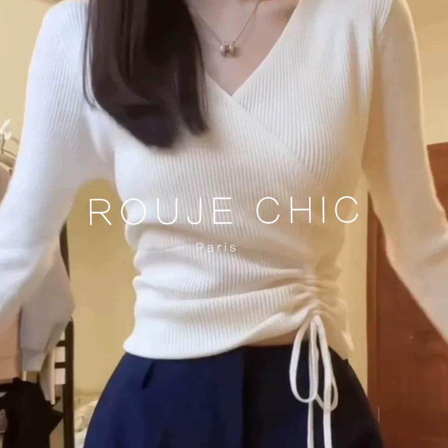 ROUJE CHIC法式白色抽绳v领短款针织衫女早春交叉别致内搭打底衫,淘宝优惠券,粉丝福利购,淘宝优惠卷