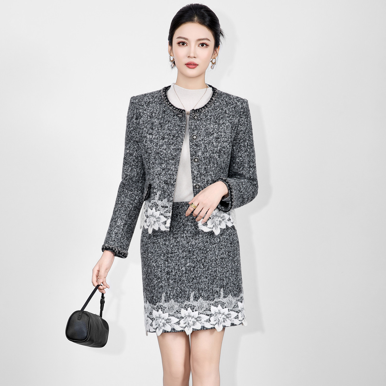 迪奥25秋冬法式小香风套装裙女加厚羊毛呢蕾丝拼接短外套+半身裙,淘宝优惠券,粉丝福利购,淘宝优惠卷