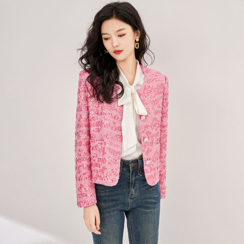 迪奥小香风短外套女秋冬新款轻奢气质粉色亮片设计感小众羊毛上衣,淘宝优惠券,粉丝福利购,淘宝优惠卷