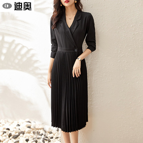 迪奥春秋季新款长袖连衣裙女法式收腰显瘦百褶裙气质名媛西装裙子 - 图0