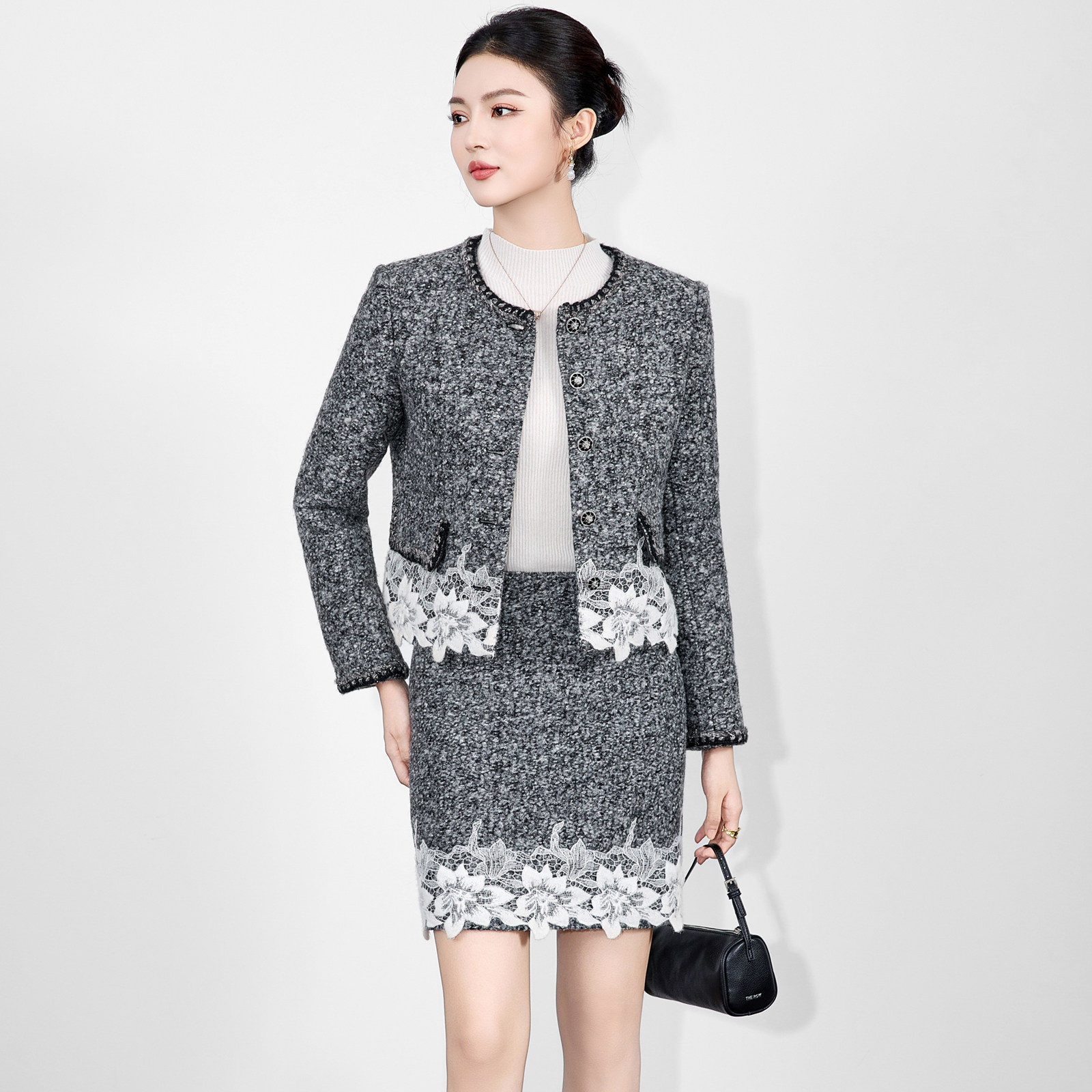 迪奥25秋冬法式小香风套装裙女加厚羊毛呢蕾丝拼接短外套+半身裙,淘宝优惠券,粉丝福利购,淘宝优惠卷