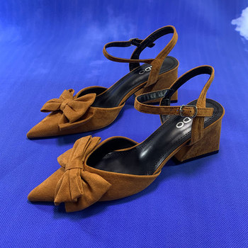 Baotou Sandals Women's Heel Thick Heel 2023 Autumn New French Suede Bow Versatile Pointed Toe High Heel Hollow Shoes